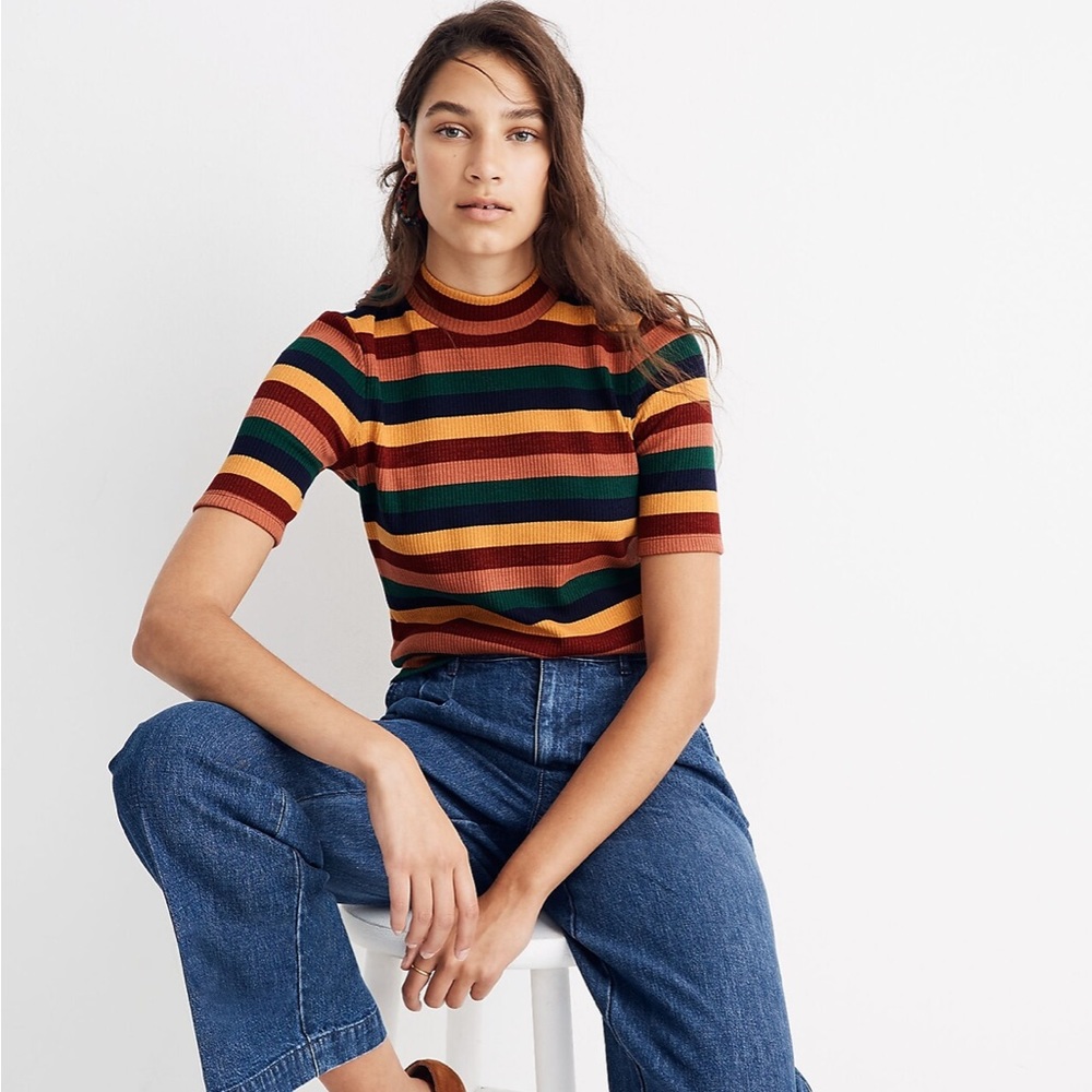 Madewell Ribbed Mockneck Top in Rainbow Stripe Size XS